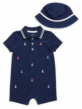 NWT Little Me Baby Boy Sailboat Romper & Hat Set Nautical Navy Summer Outfit